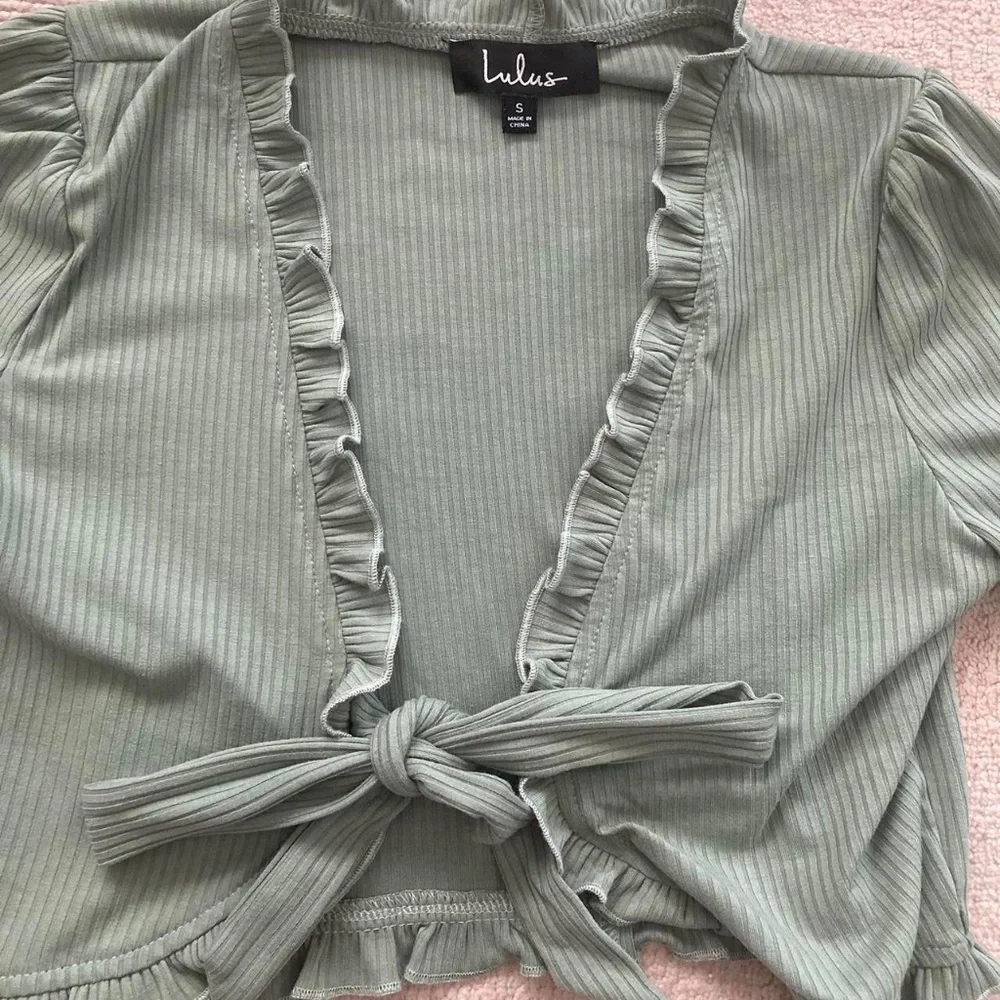 Lulu's Sage Green Ruffle Tie-Front Top - Picture 2 of 3